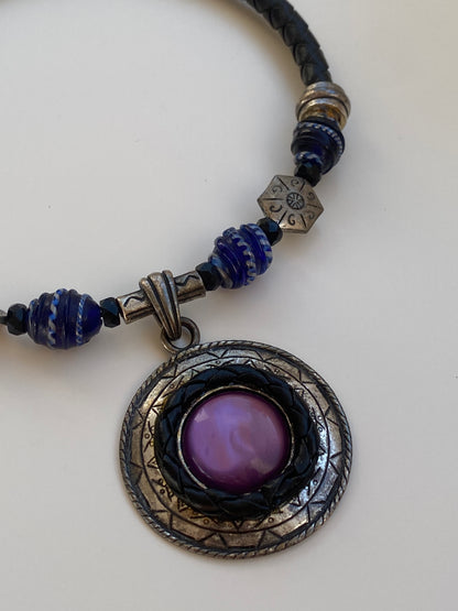 Vintage Chico’s Black Braided Cord Purple Glass Beaded Medallion Choker Necklace