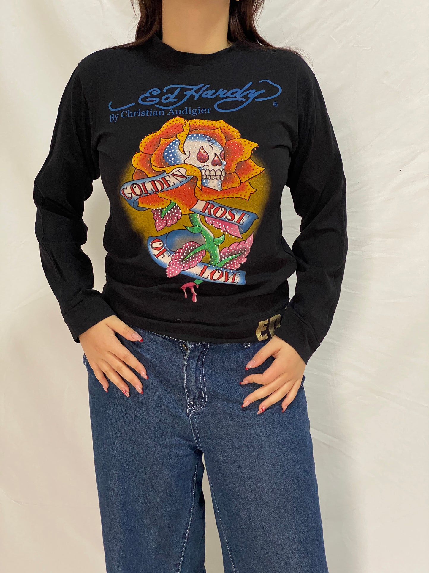 Vintage Ed Hardy Golden Rose Skull Graphic Long Sleeve Top by Christian Audigier - M