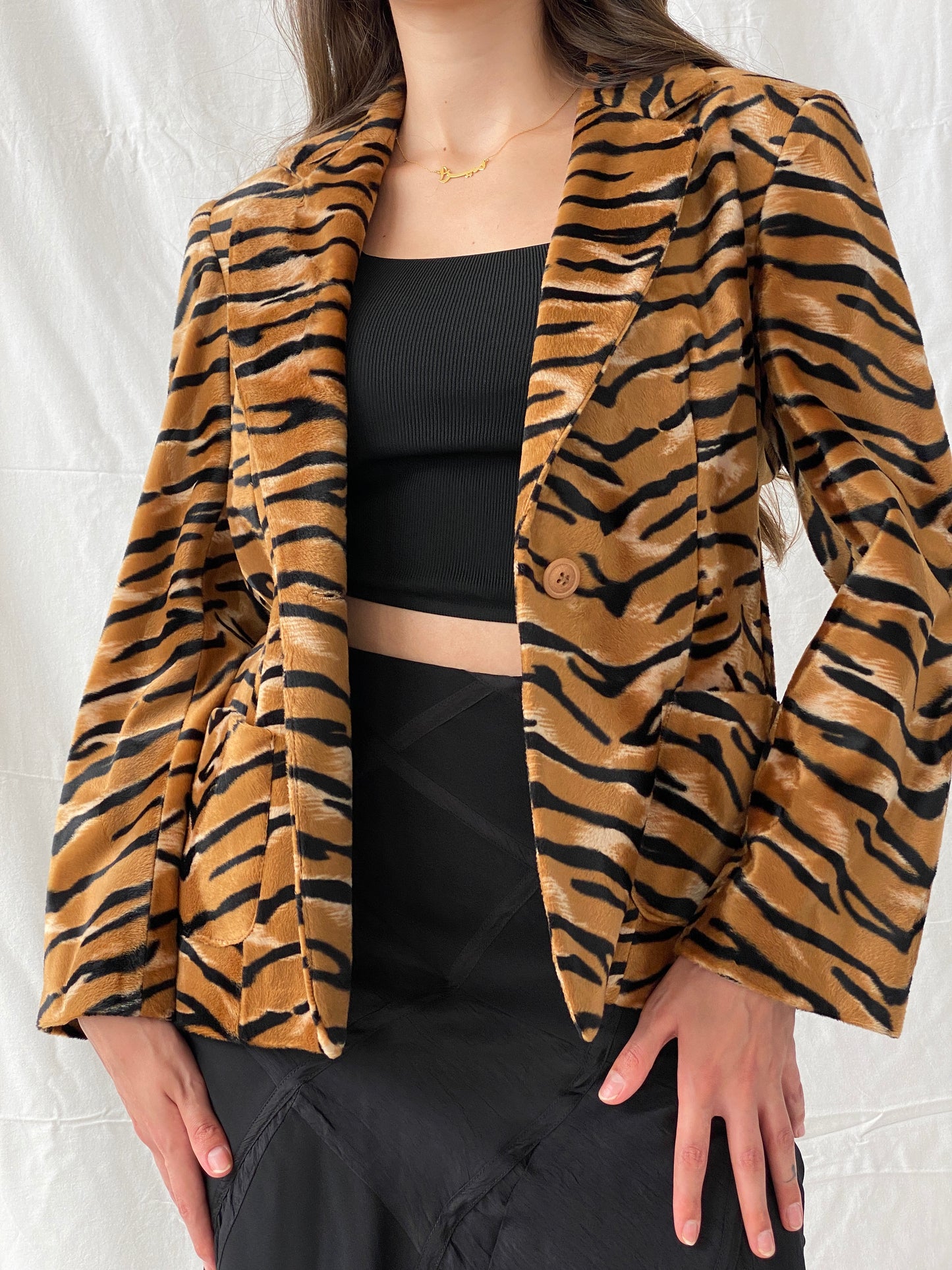 Vintage 90s Dana Mode Tiger Print Faux Fur Black and Tan Blazer - L