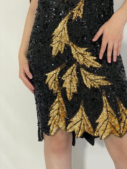 Vintage 80s/90s Sho Max Originals Black Silk Sequin Gold Leaf Beading Party Dress - L
