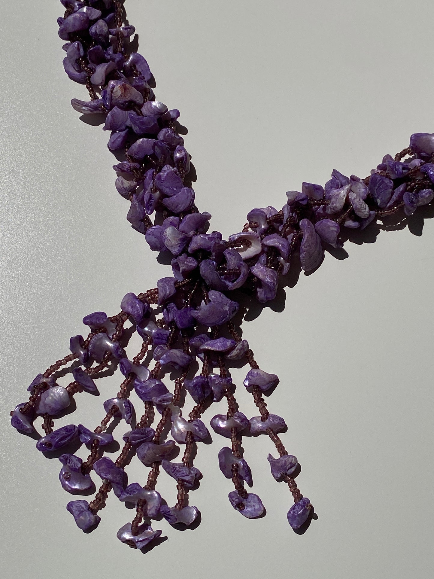 Vintage Purple Chip Stone & Seed Bead Braided Tassel Fringe Necklace