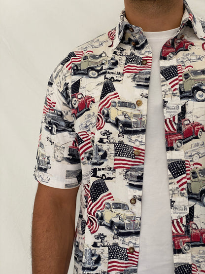 Vintage Boca Classics Americana Classic Cars & USA Flag Print Cotton Button-Down Shirt - L