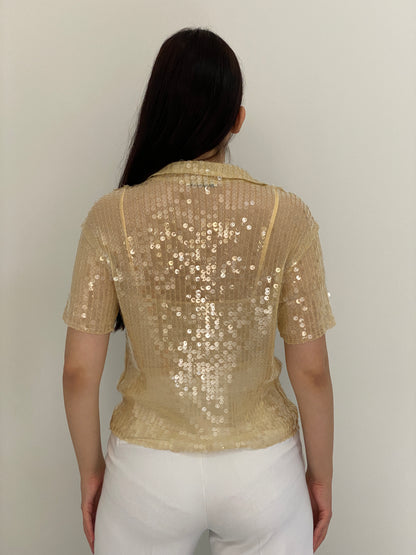 Y2K Zara Champagne Gold Sheer Mesh Sequin Collared Top - S