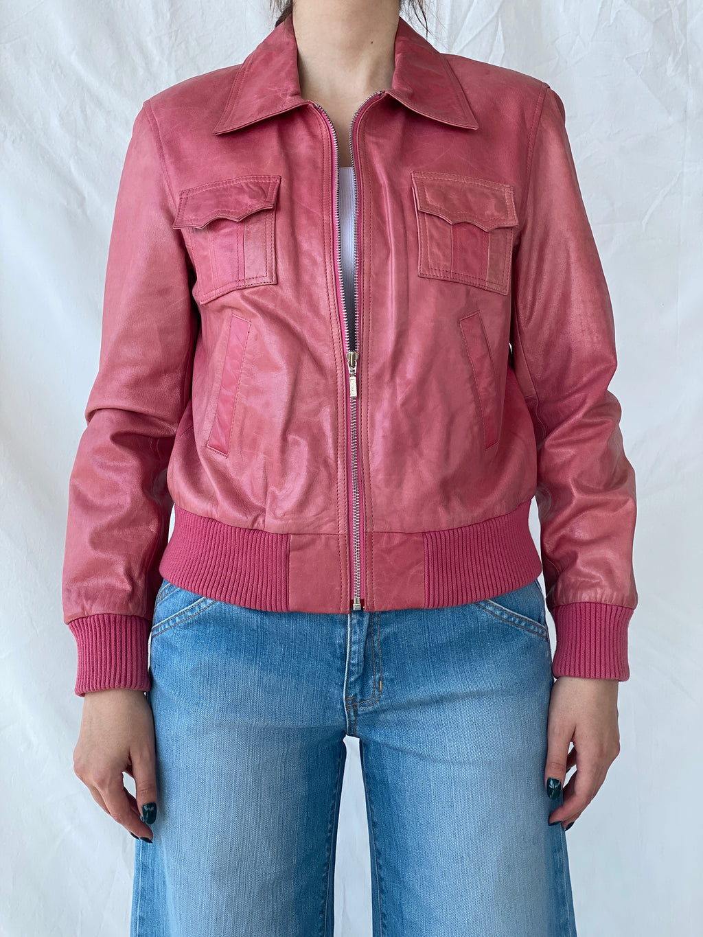 Vintage Mellachia Pink Women’s Genuine Leather Biker Style Bomber Jacket - M