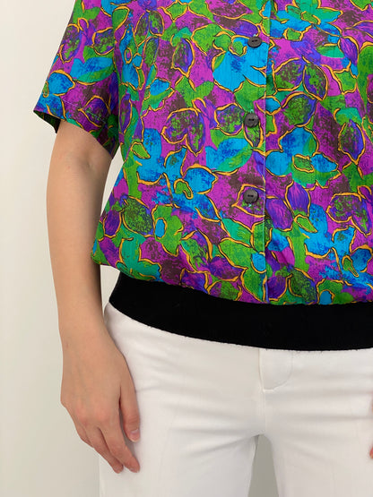 Vintage 80s Gianna Jewel Tone Floral Print Short Sleeve Blouse - M