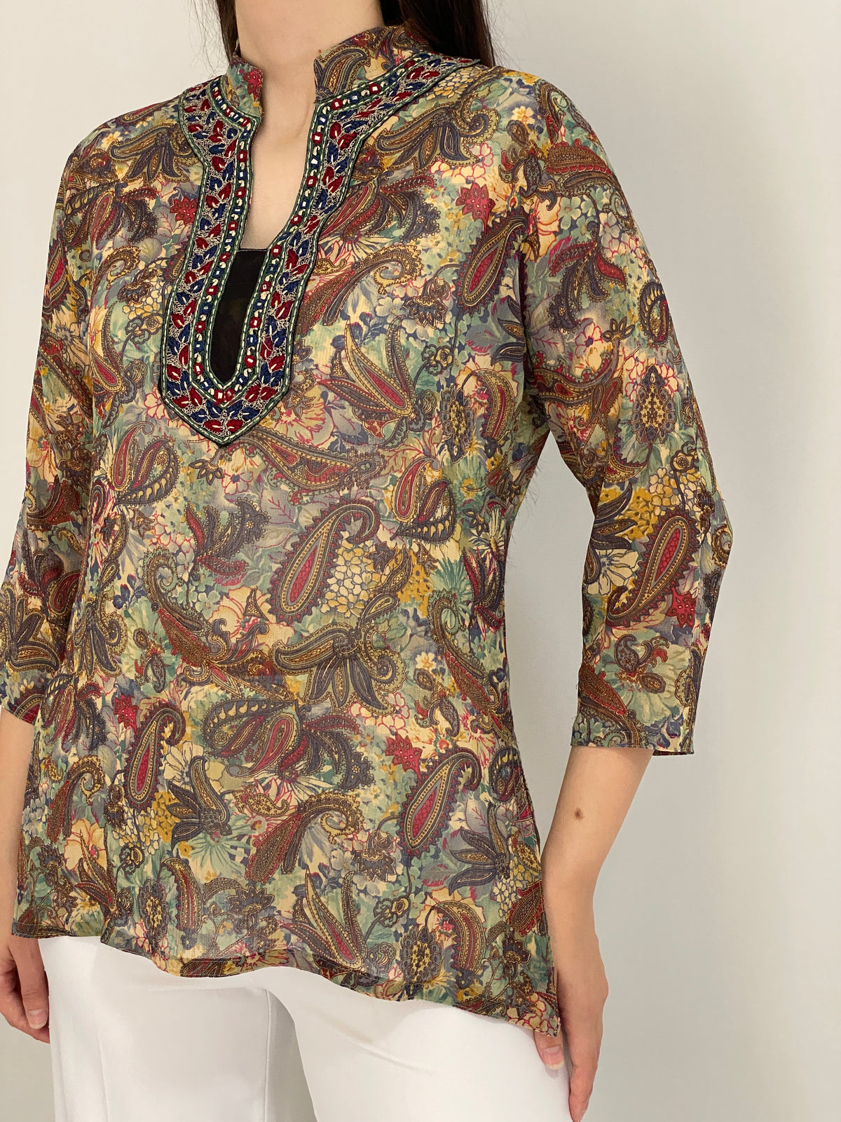 Vintage Y2K Makon Multicolor Paisley Embroidered Sheer Tunic Blouse - L