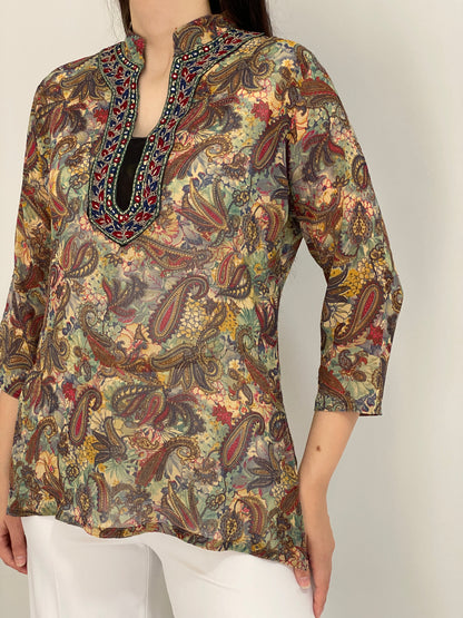 Vintage Y2K Makon Multicolor Paisley Embroidered Sheer Tunic Blouse - L