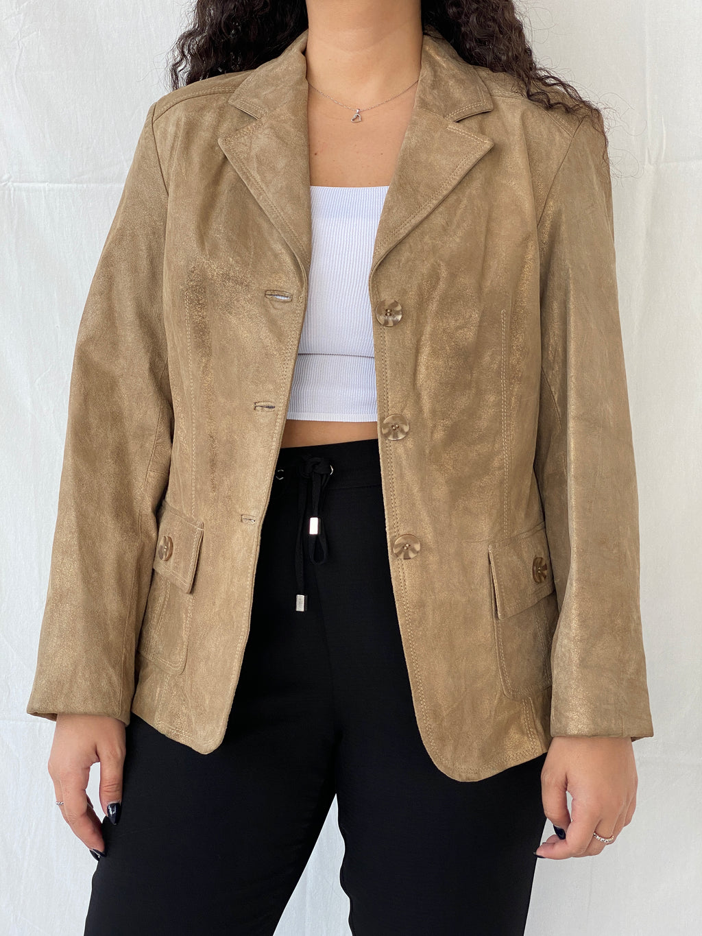 Vintage Genuine Suede Leather Gold Blazer Jacket - L