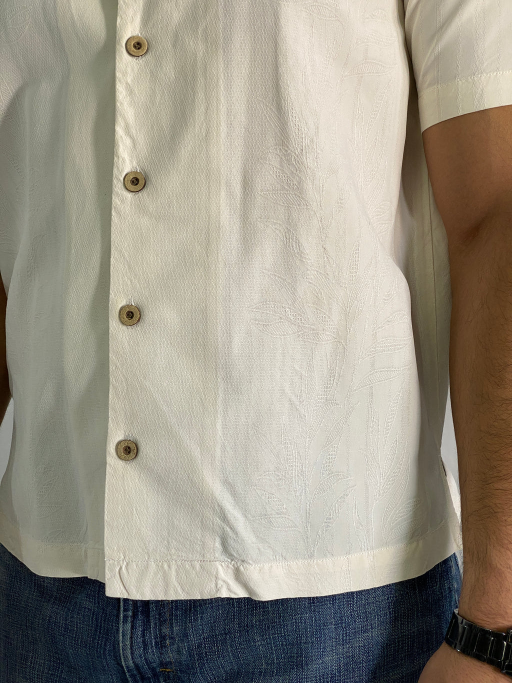 Vintage Tommy Bahama 100% Silk Cream Short Sleeve Jacquard Palm Print Shirt - M