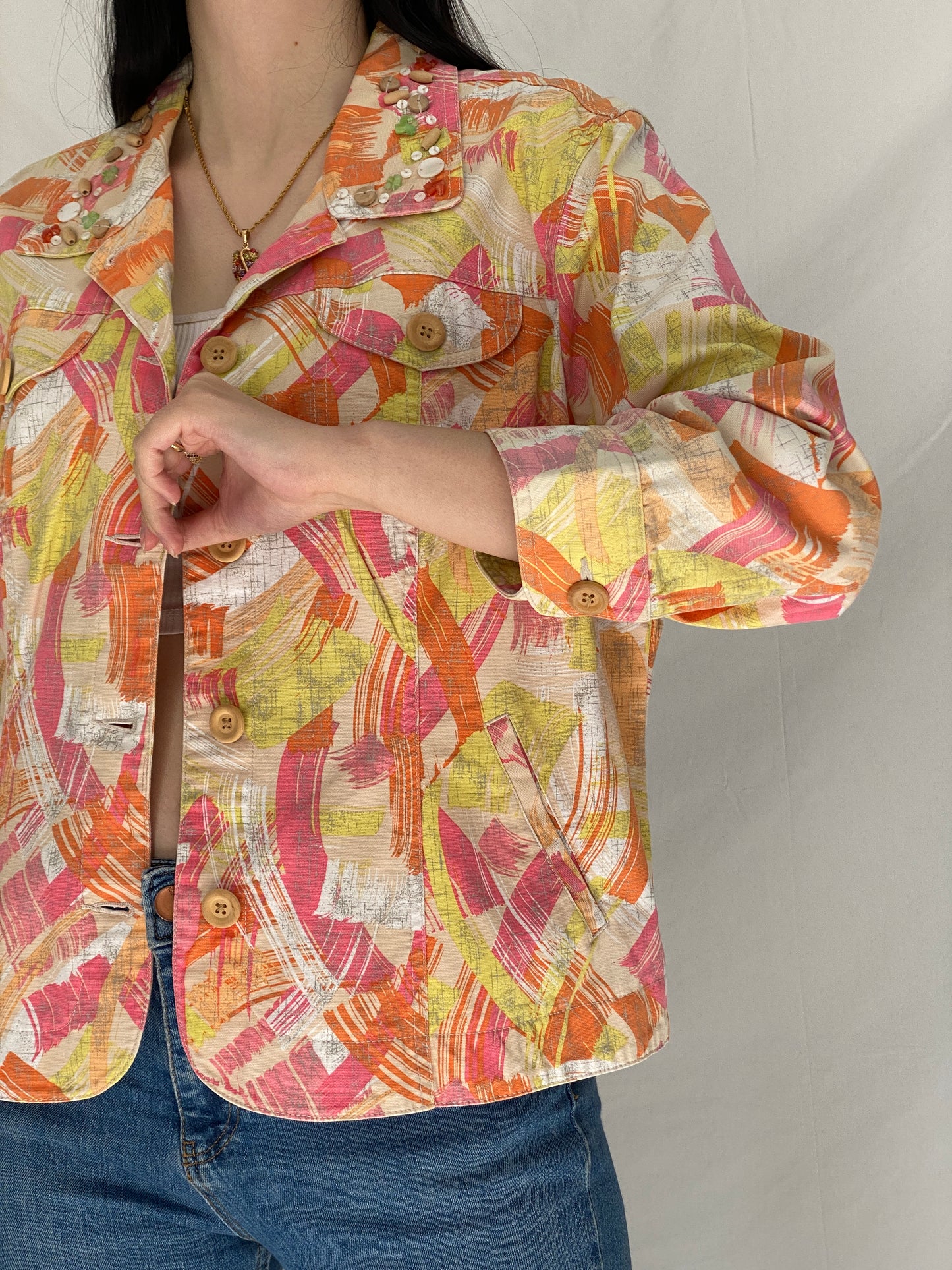 Vintage Ruby Rd Abstract Print Embellished Denim Jacket - L