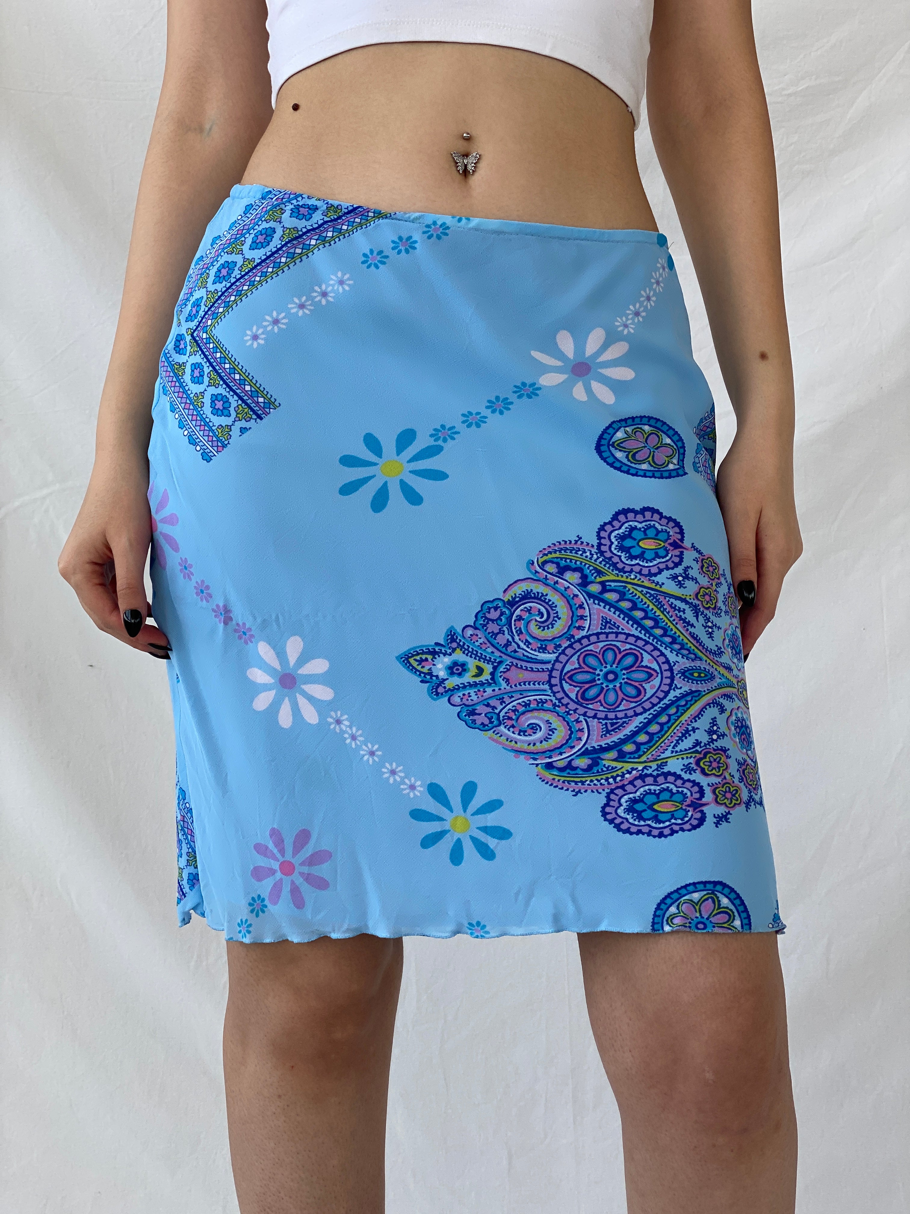 Beautiful Vintage Blue Floral Paisley Print Knee-Length Skirt - M