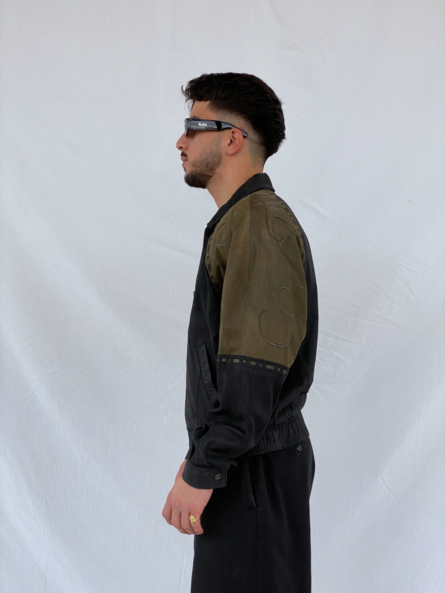 Vintage 90s IOU MCMXC Euro Mode Men’s Black Green Shoulder Patch Leather Bomber Jacket - S