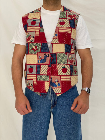 Vintage Handmade Patchwork Novelty Vest Red Folk Cotton Waistcoat – L