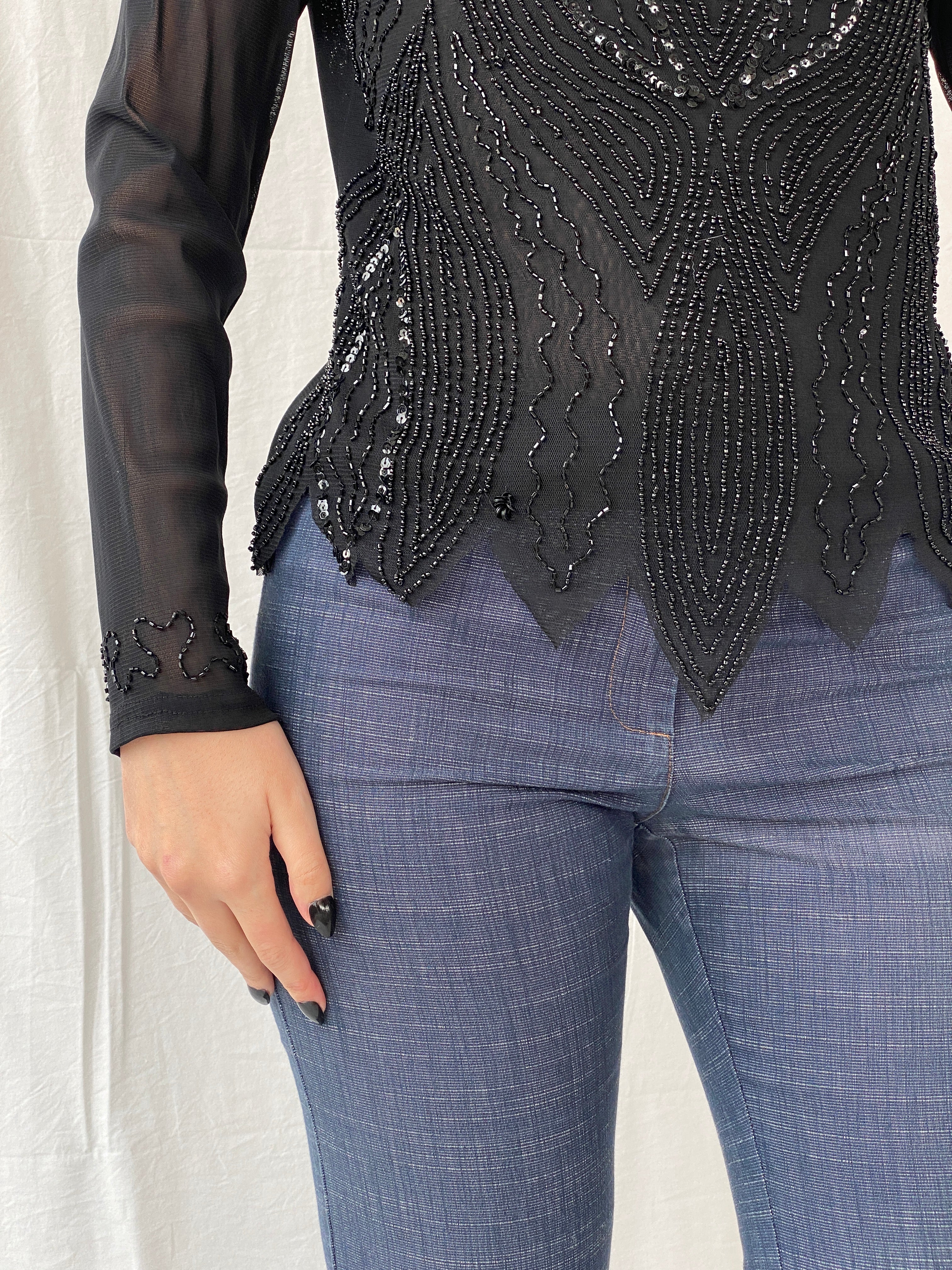 Y2K Black Sequin Chiffon Semi Sheer Dressy Black Women’s Top - M