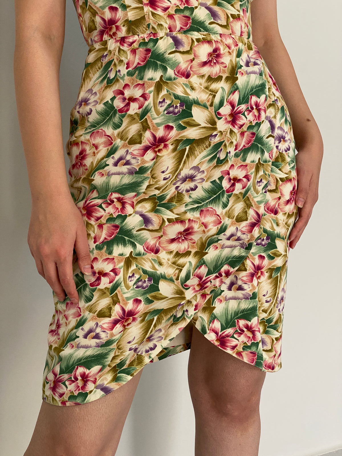 Vintage 90s Liz Claiborne Cream Rayon Tropical Floral Wrap-Style Dress - S