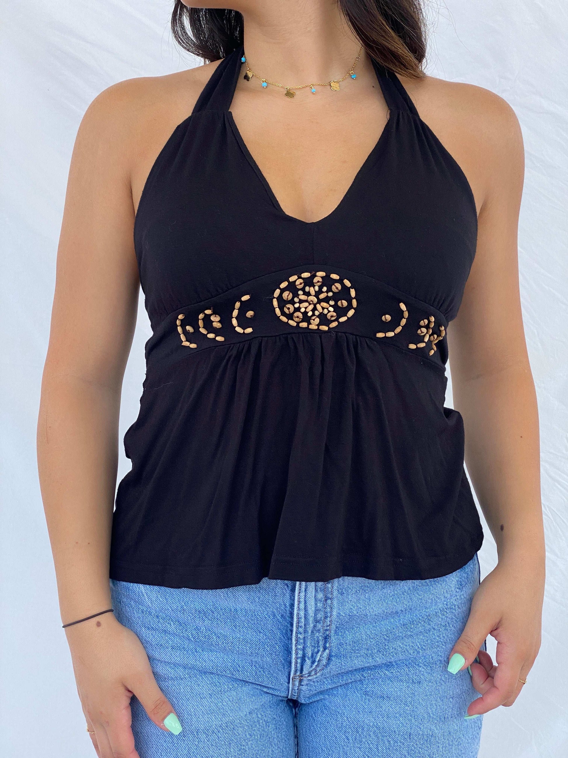 Y2K Seite 1Girl Black Halter Top With Beaded Detailing - S - Balagan Vintage Sleeveless Top 00s, halter top, Lana, NEW IN, summer