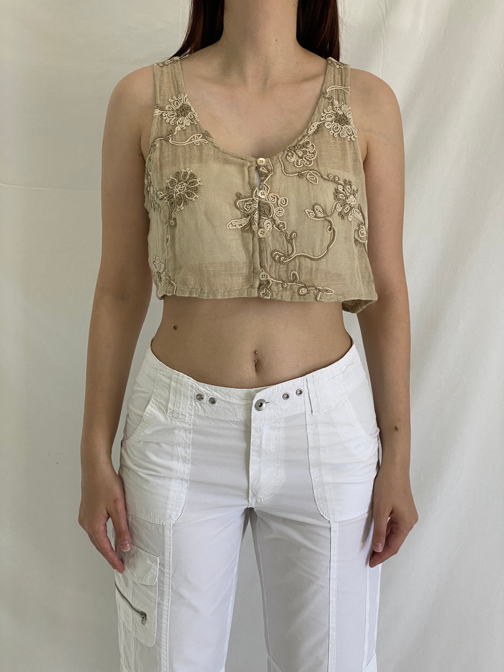 Hucke Berlin Linen Cropped Vest Embroidered Button Front Beige Sleeveless Top - M
