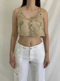 Hucke Berlin Linen Cropped Vest Embroidered Button Front Beige Sleeveless Top - M