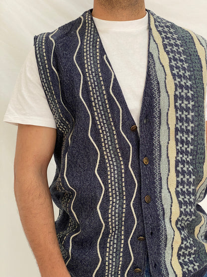 Vintage 90s تريكو Navy Patterned Knit Sweater Vest Cardigan - M