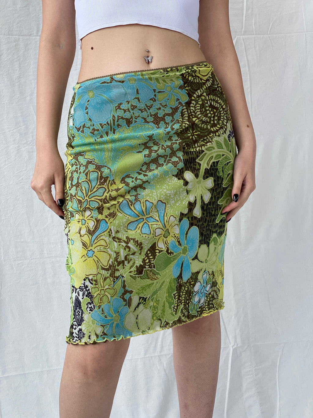 Vintage Y2K Public Paisley Floral Print Green Knee Length Skirt - M