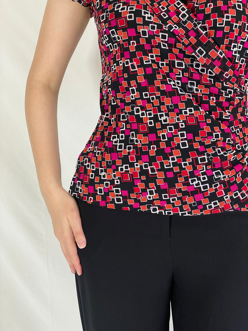 Y2K Marco Polo Ruched Wrap Waist Top Geometric Print Short Sleeve Blouse - M