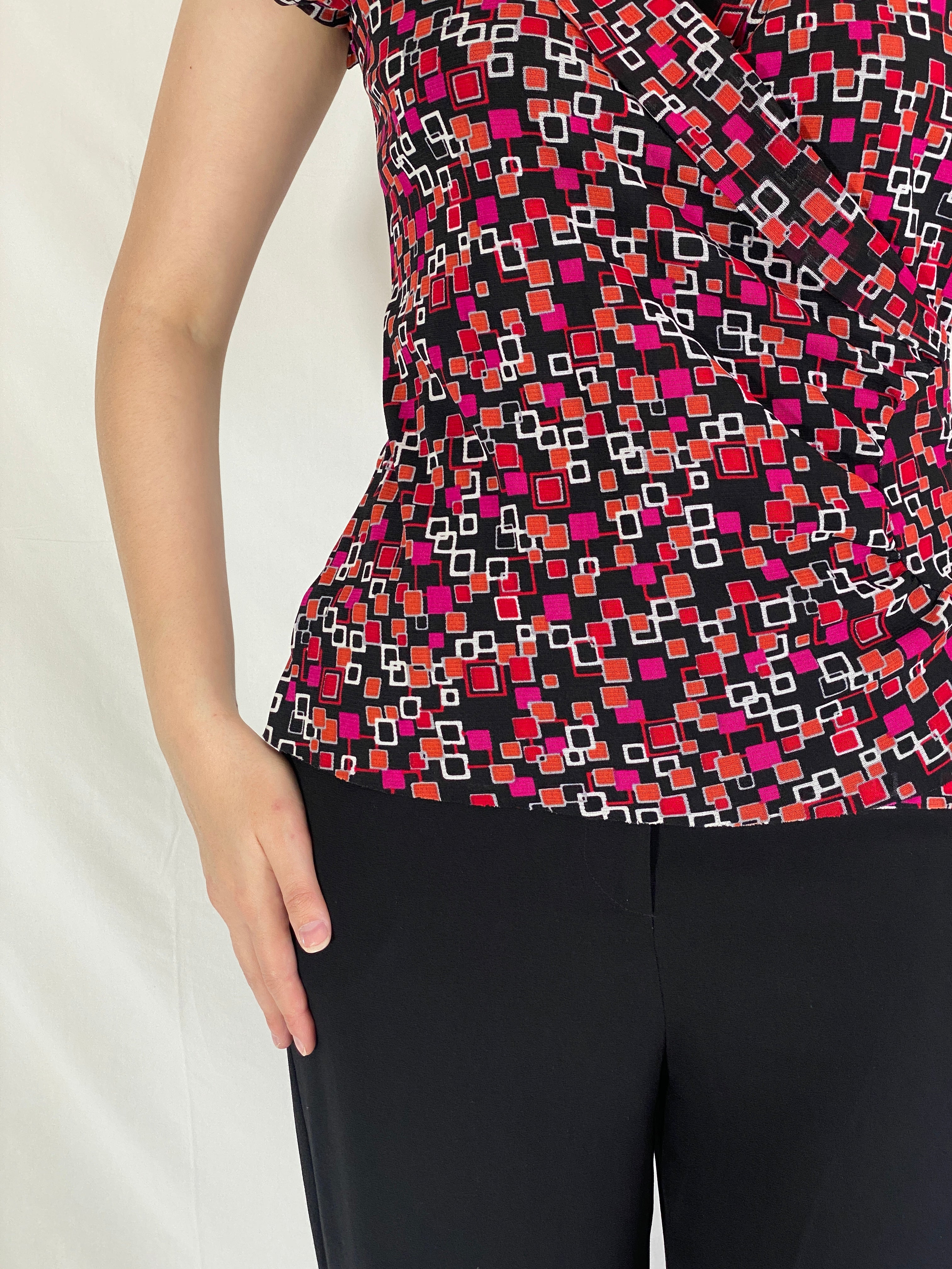 Y2K Marco Polo Ruched Wrap Waist Top Geometric Print Short Sleeve Blouse - M