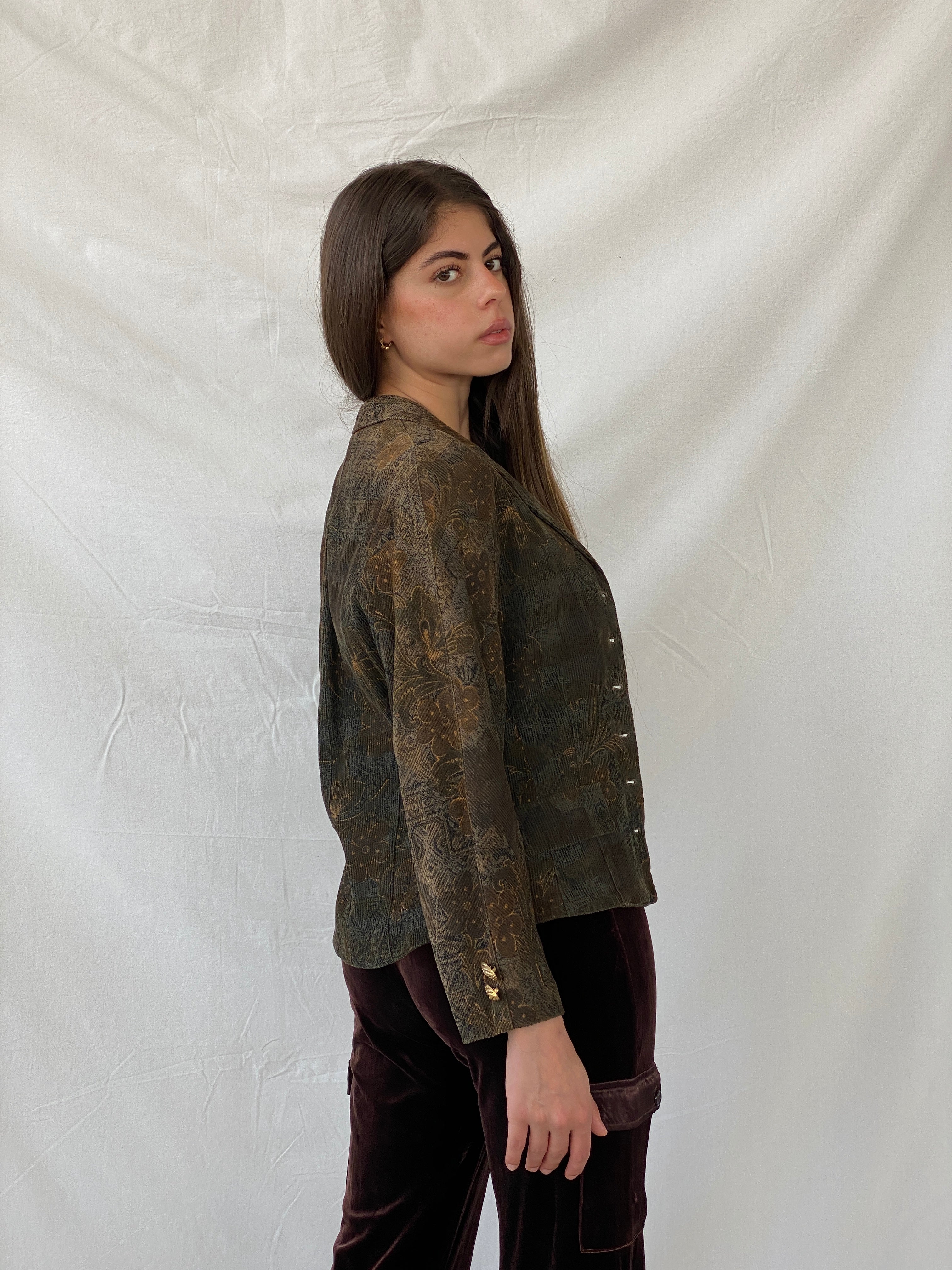 Vintage Happening Floral Olive Green Corduroy Heavy Blazer - M