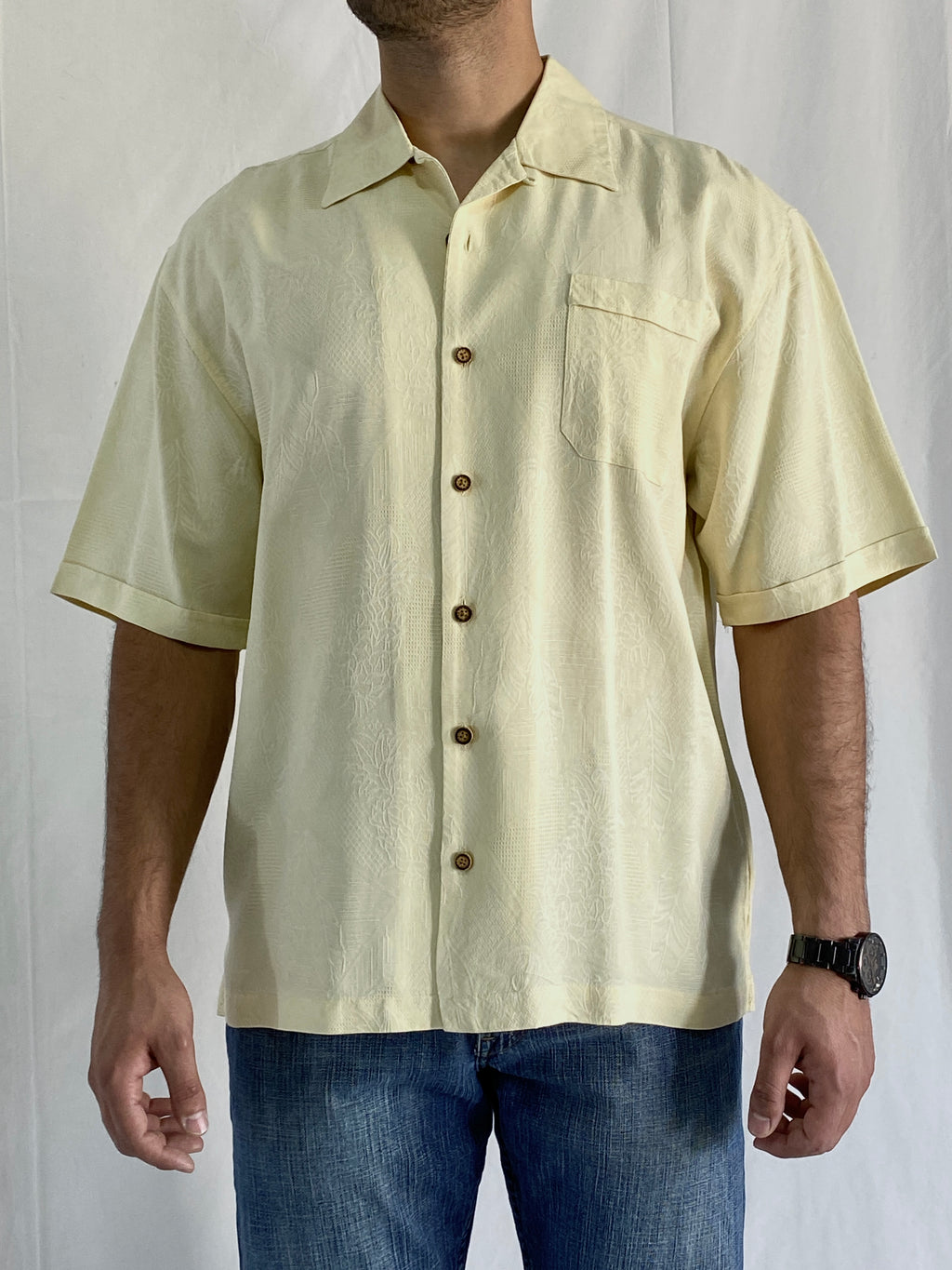 Vintage Jamaica Jaxx Men’s Hawaiian Textured Pineapple Leaf Silk Shirt - L