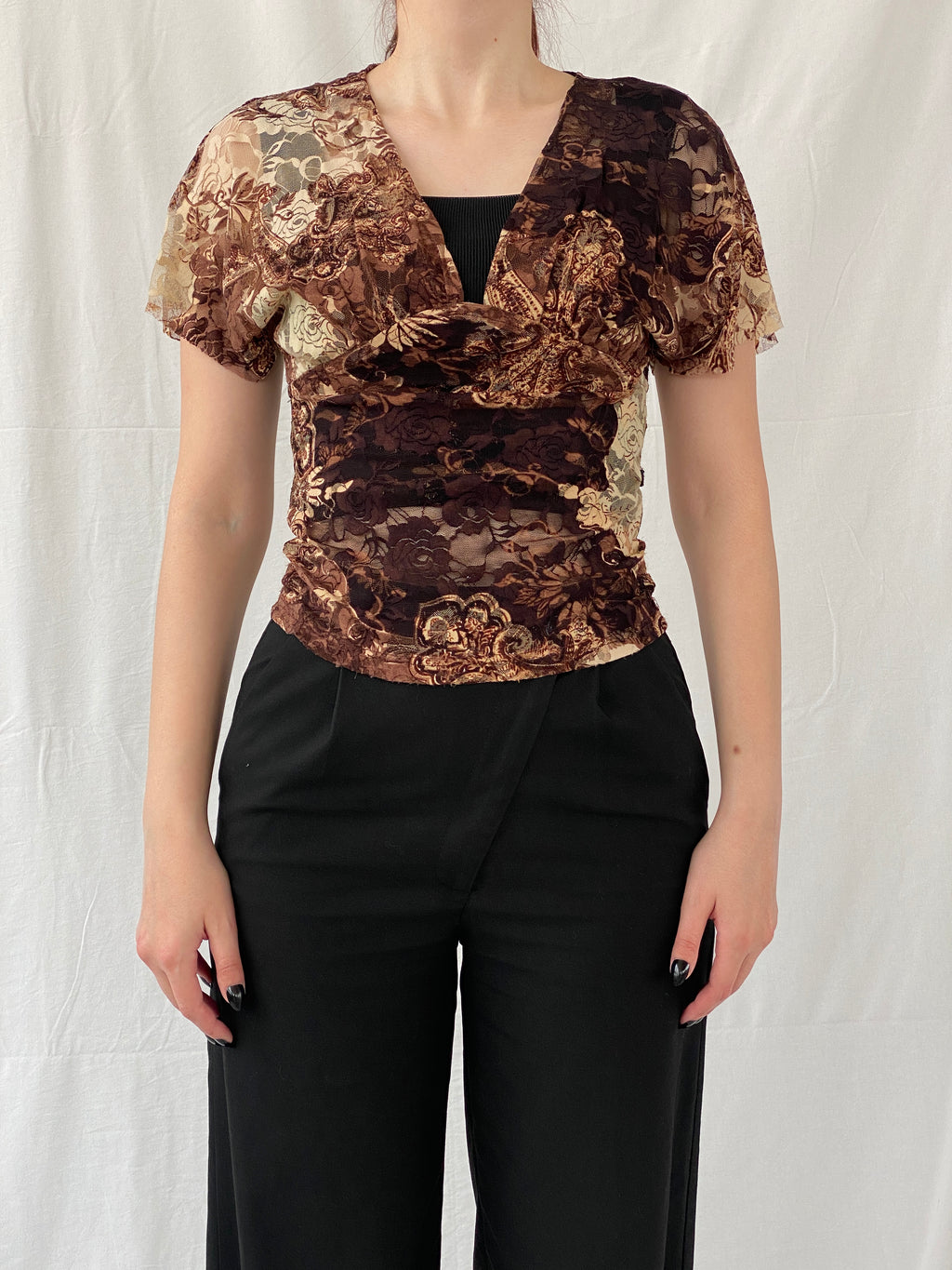 Vintage Y2K BSB Collection Brown Floral Lace V-Neck Women’s Top - S