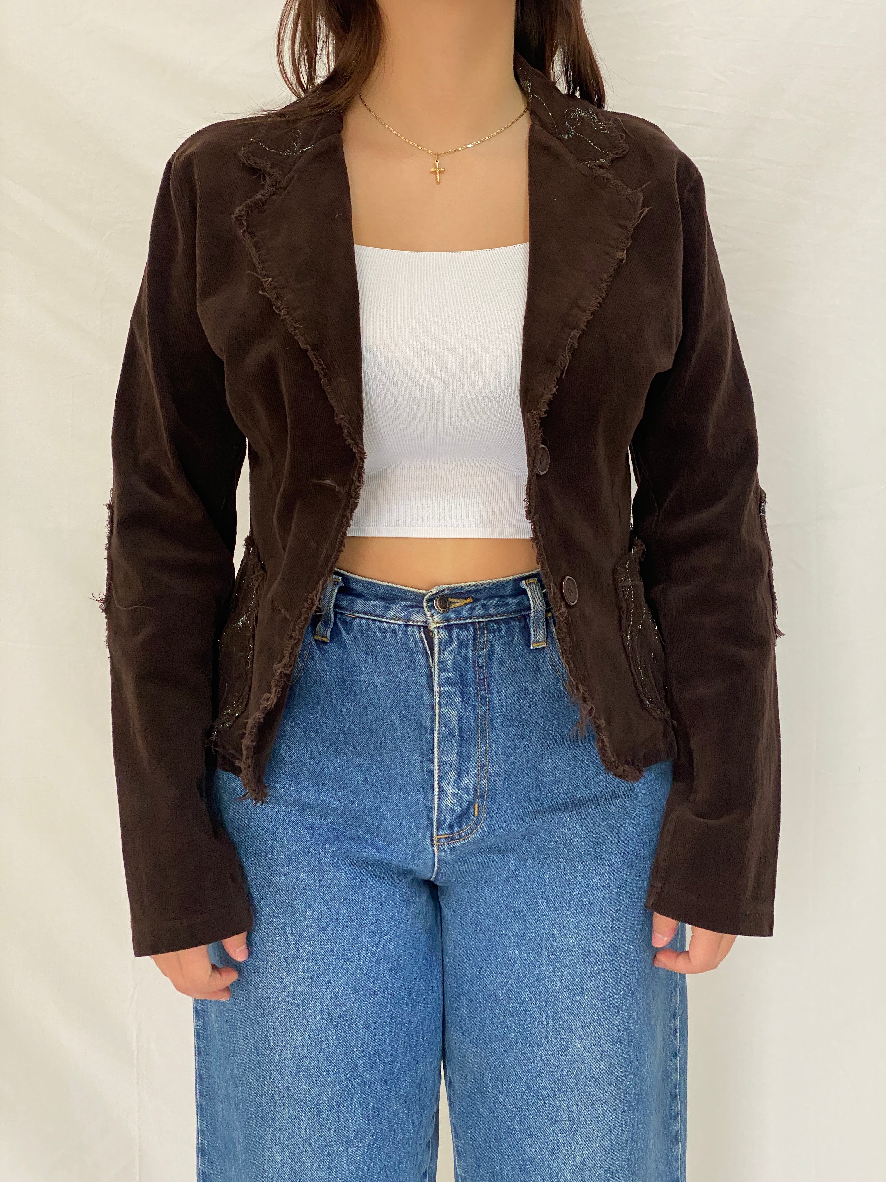 Vintage Y2K Italian Corduroy Blazer  Chocolate Distressed Raw Edge Embroidered Jacket - S