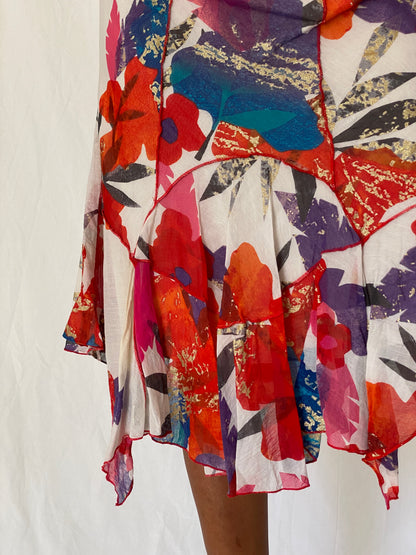 Vintage Y2K Didier Parakian Multicolor Silk Cotton Floral Asymmetric Boho Midi Skirt - M