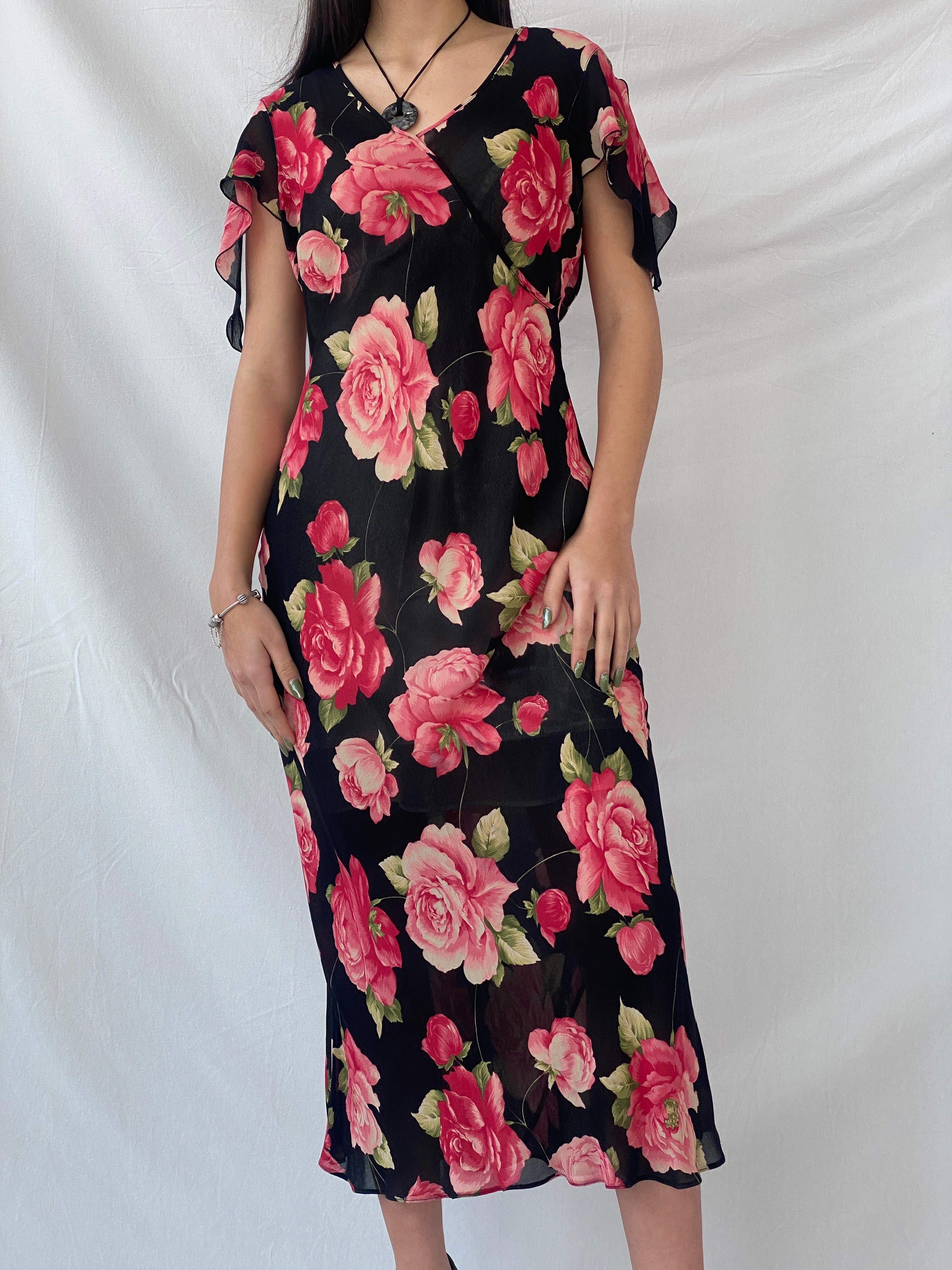 Beautiful 90s Wallis Floral Pink and Black Full Sheer Maxi Dress - M