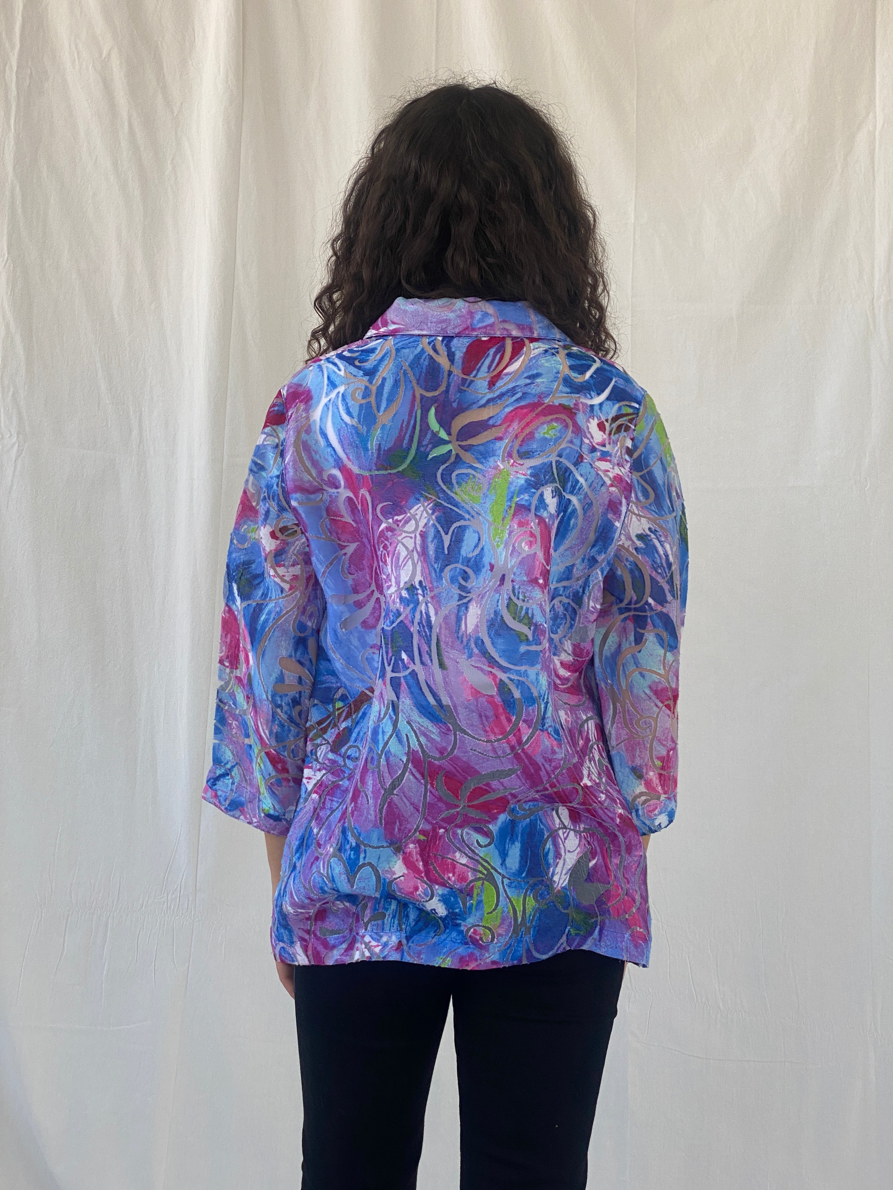Vintage ALIA Floral Blue Pink Sheer Women’s 3/4 Sleeve Shirt - M