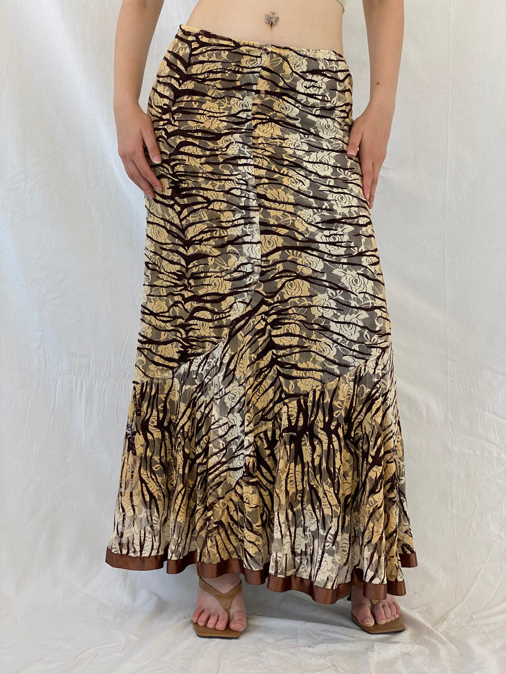 Vintage Brown Zebra Print Floral Lace Satin Trim Hem Maxi Skirt - L