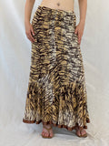 Vintage Brown Zebra Print Floral Lace Satin Trim Hem Maxi Skirt - L