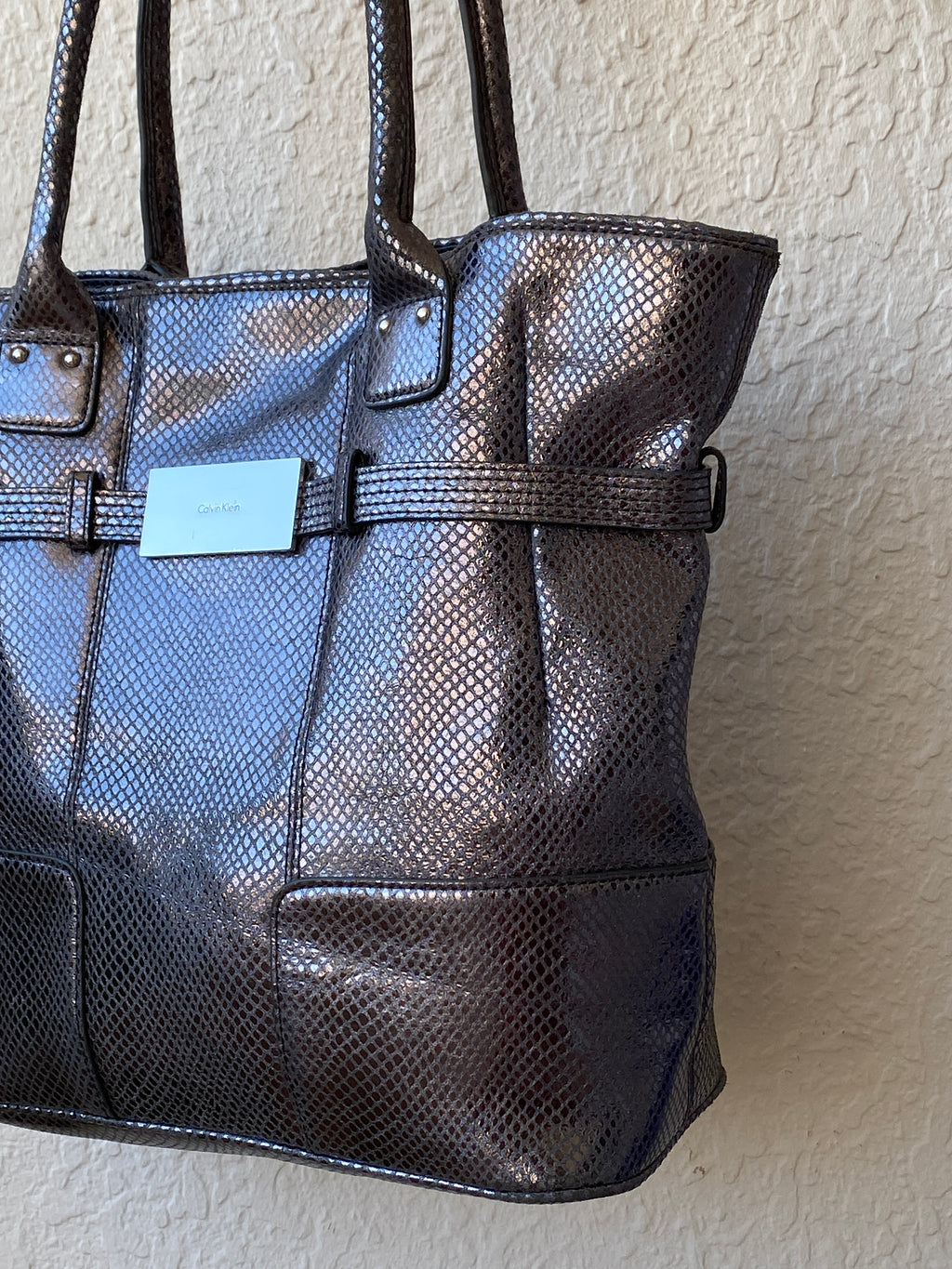 Calvin Klein Snakeskin Faux Leather Tote Bag Metallic Black Grey Purse
