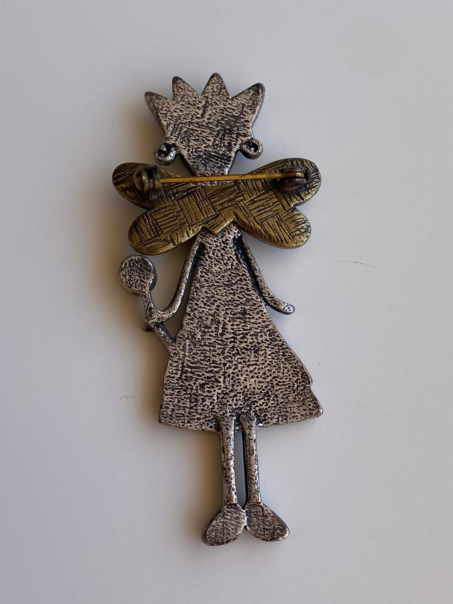 Vintage Whimsical Fairy Princess Enamel Brooch with Rhinestone Wand