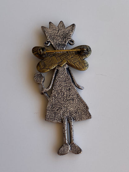Vintage Whimsical Fairy Princess Enamel Brooch with Rhinestone Wand