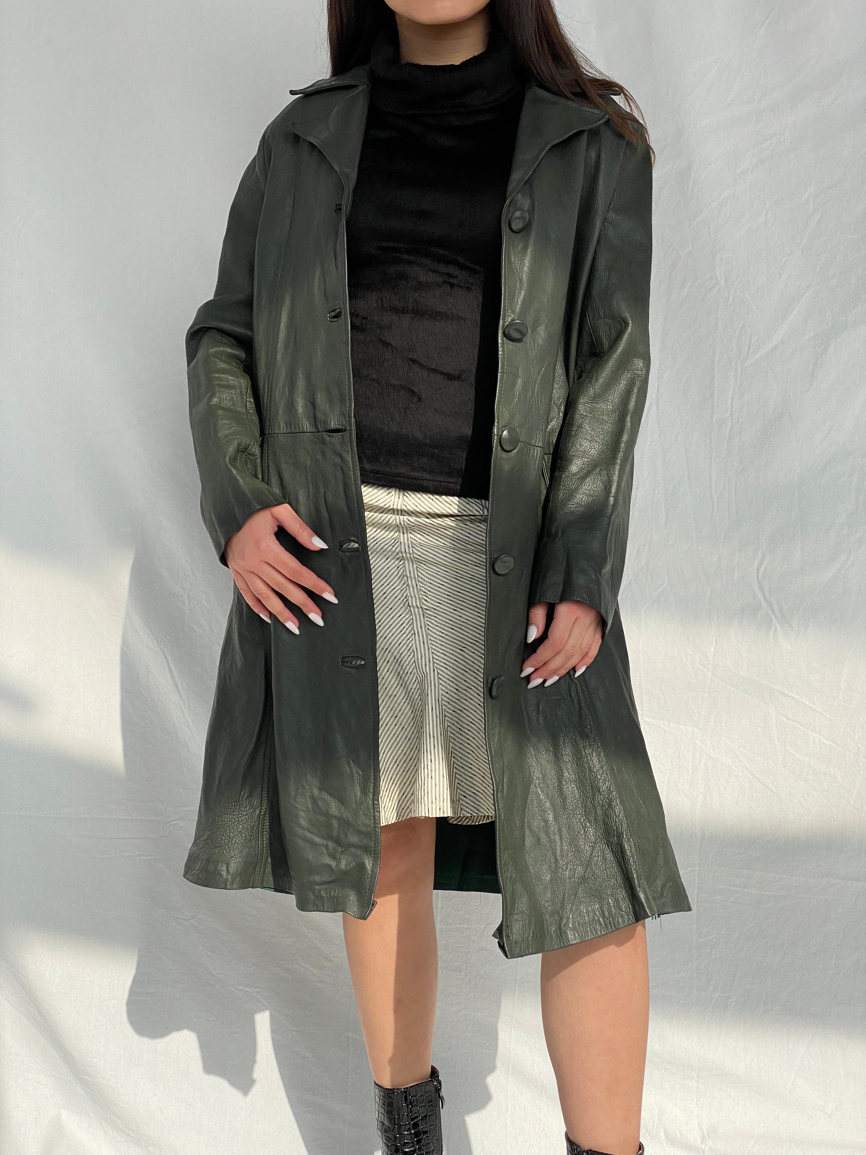 Vintage 90s Genuine Leather Olive Green Coat - L