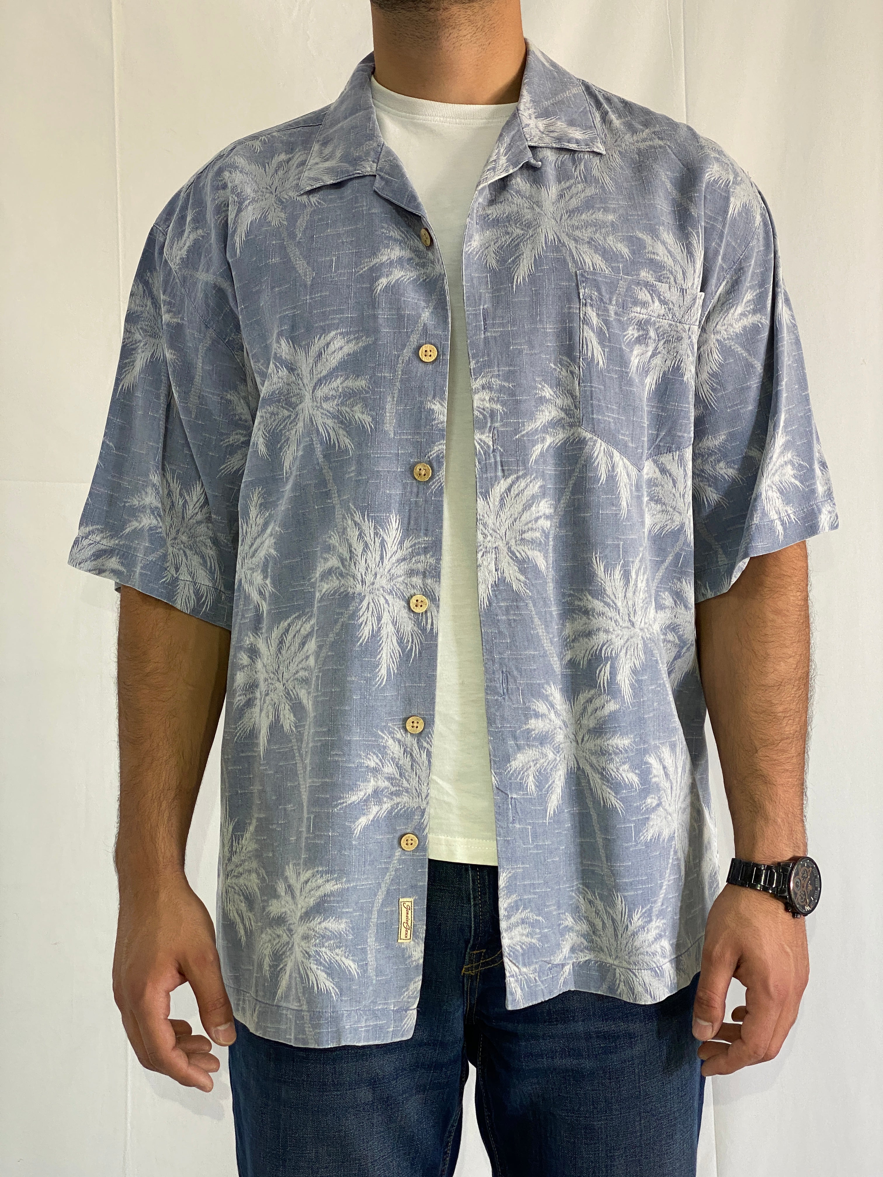 Vintage Jamaica Jaxx 100% Silk Palm Tree Print Shirt Blue Tropical Resort Shirt - XL