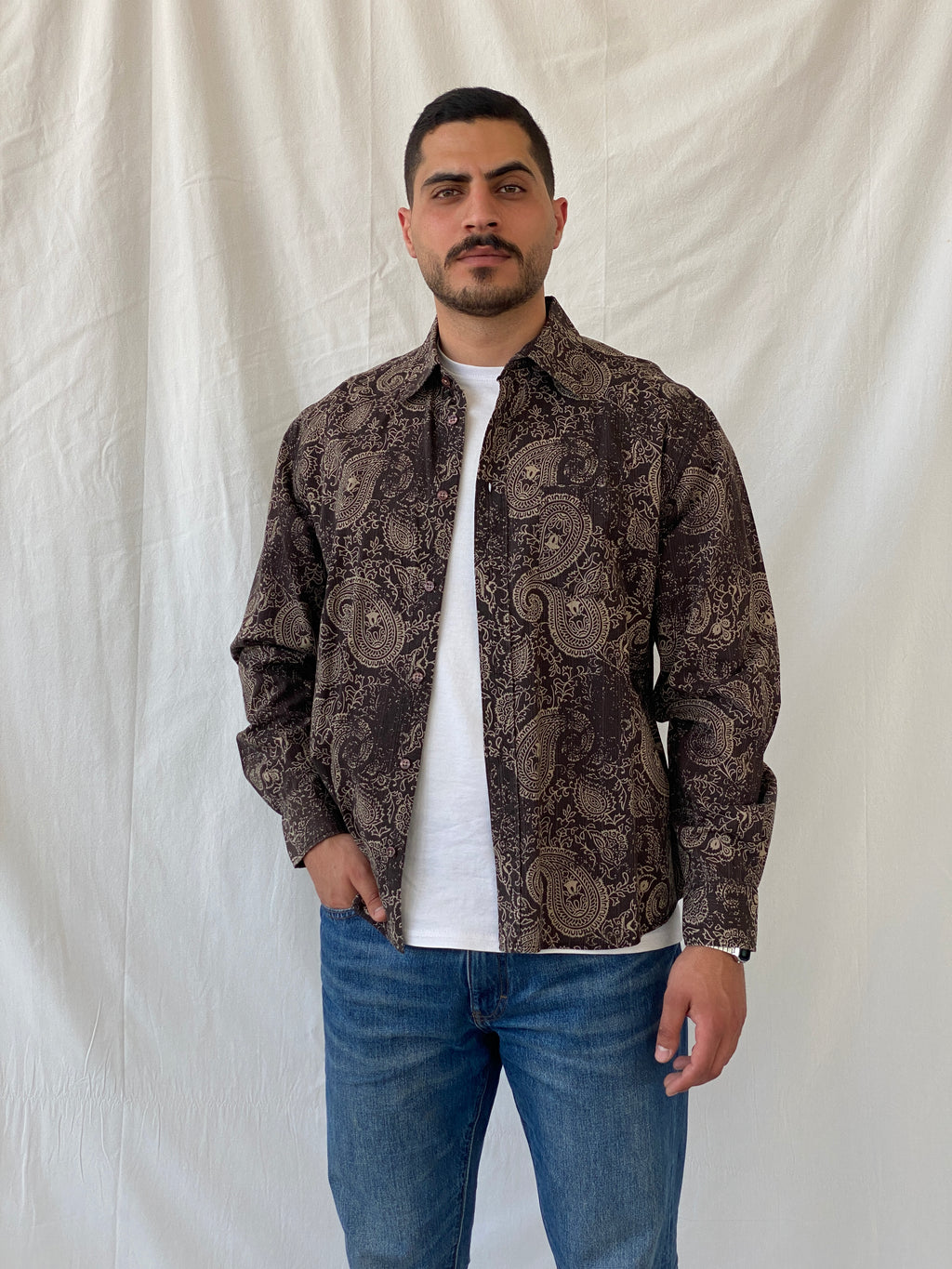 Tom Tailor Sportswear Brown Floral Paisley Print Men’s Long Sleeve Cotton Shirt - XL