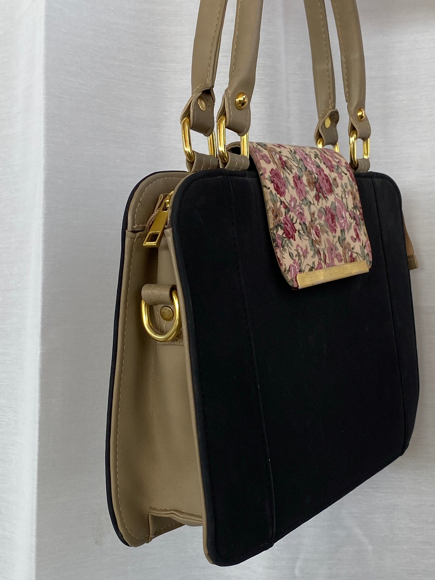 Black Canvas Beige Leather Handles Floral Closure Handbag