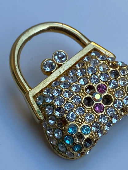 Vintage JS Gold-Tone Rhinestone Handbag Brooch Multicolor Crystal Purse Pin