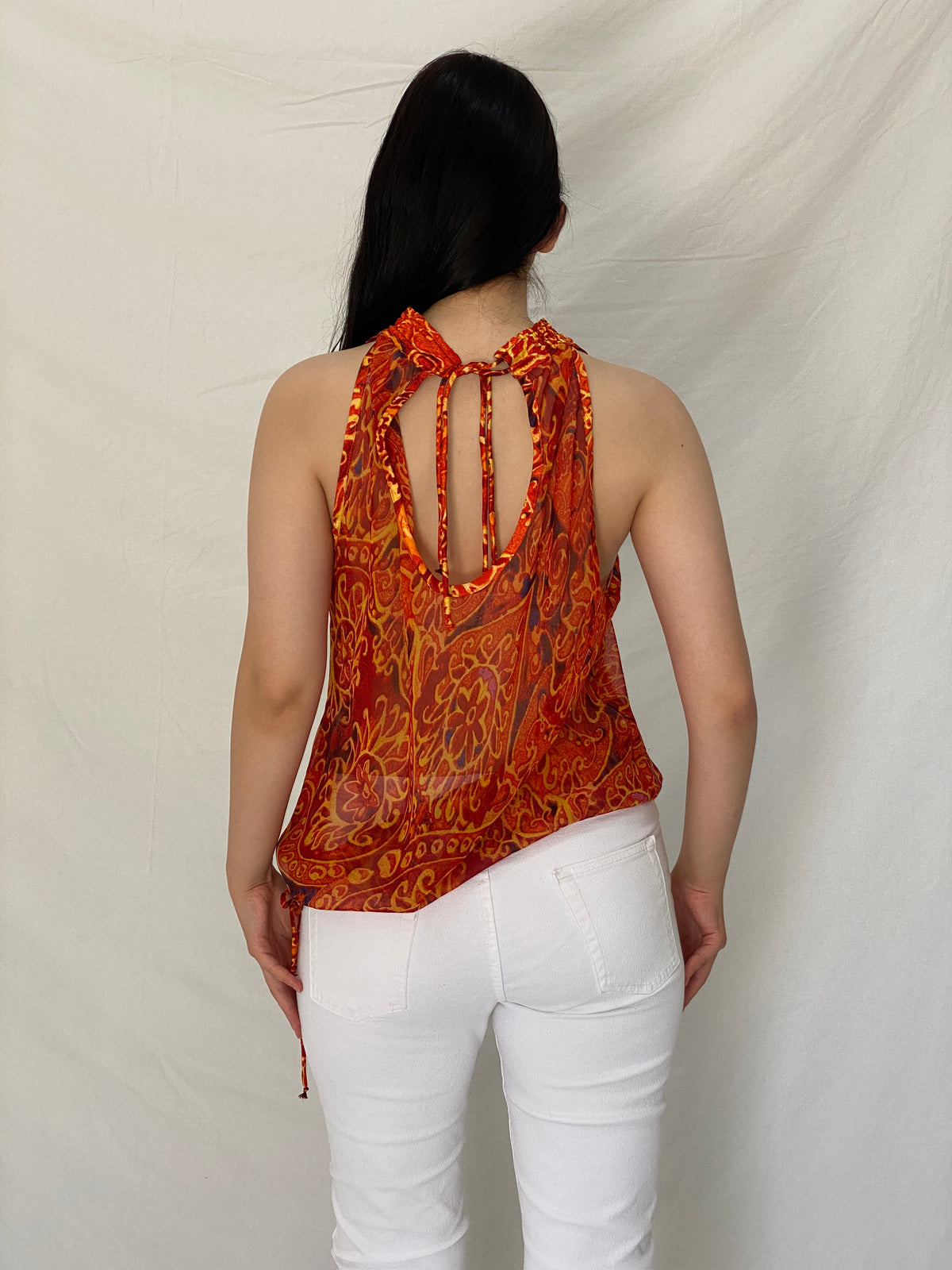 Vintage Y2K Boho Paisley Orange Mesh Halter Top Sheer Printed Sleeveless Blouse - M Vintage Y2K Boho Paisley Orange Mesh Halter Top Sheer Printed Sleeveless Blouse - M