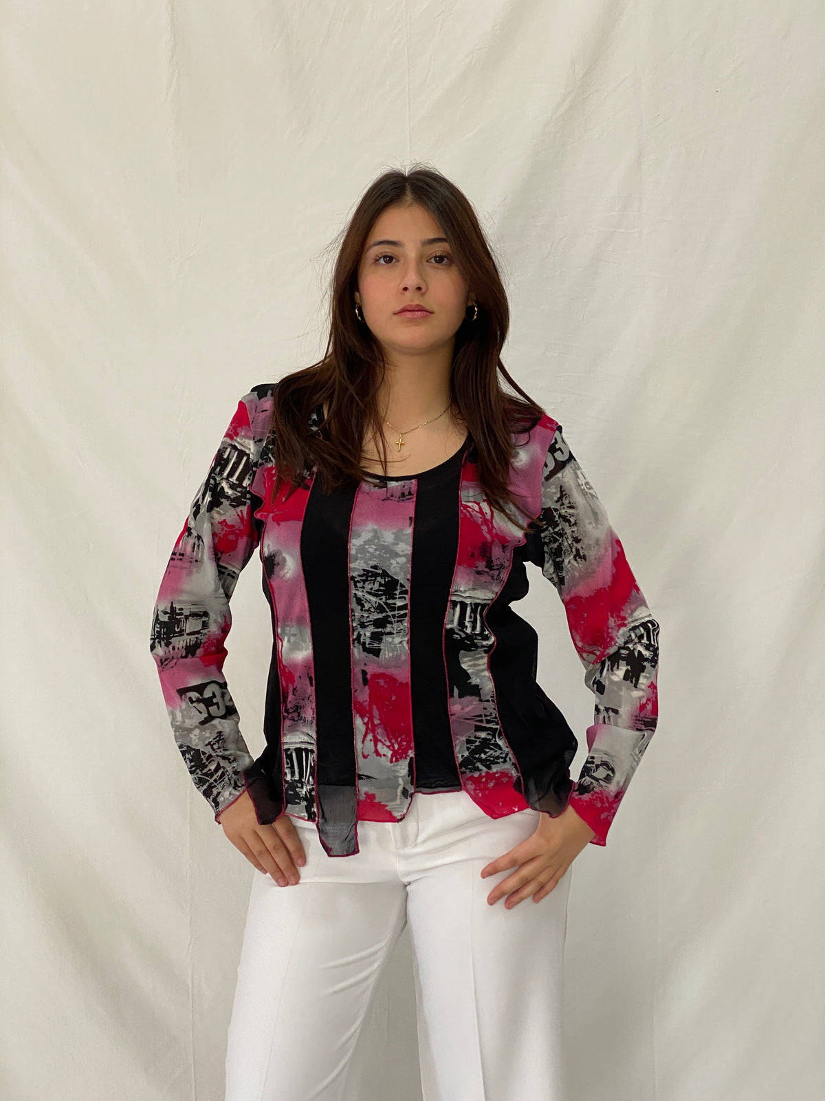 Vintage WARWICK JONES Black & Pink Striped Graphic Mesh Top - L Vintage WARWICK JONES Black & Pink Striped Graphic Mesh Top - L