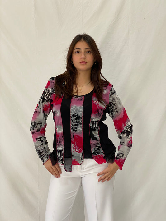 Vintage WARWICK JONES Black & Pink Striped Graphic Mesh Top - L