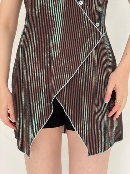 Vintage Y2K Quattro Asymmetrical Striped Wrap Cotton Blend Top with Contrast Stitching - S