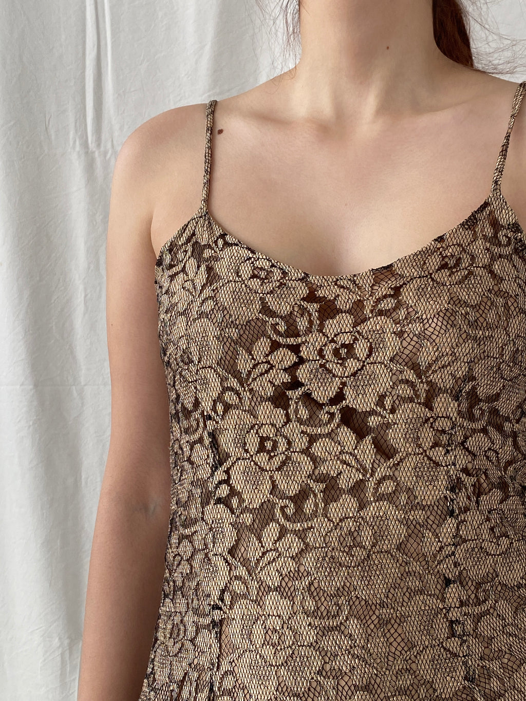 Vintage 90s Wallis Black Gold Lace Maxi Slip Dress with Back Slit - M