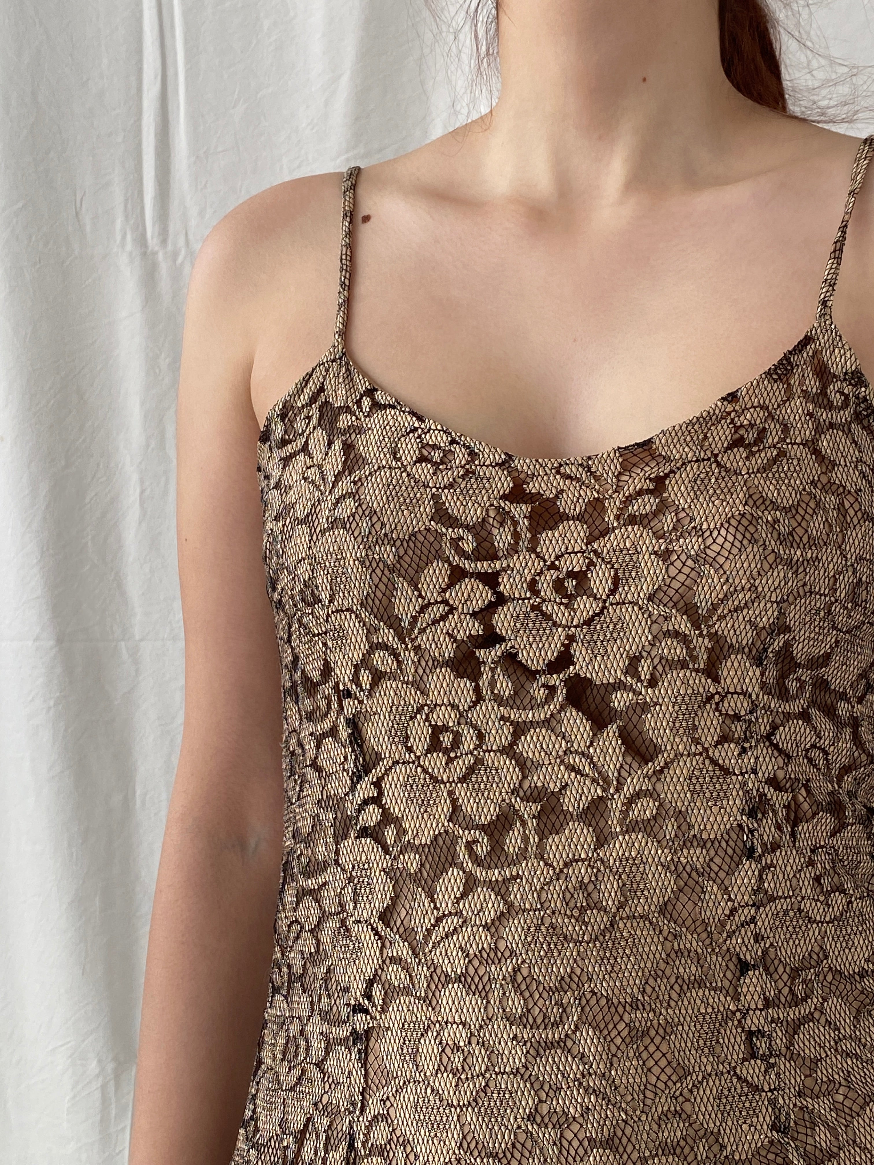 Vintage 90s Wallis Black Gold Lace Maxi Slip Dress with Back Slit - M