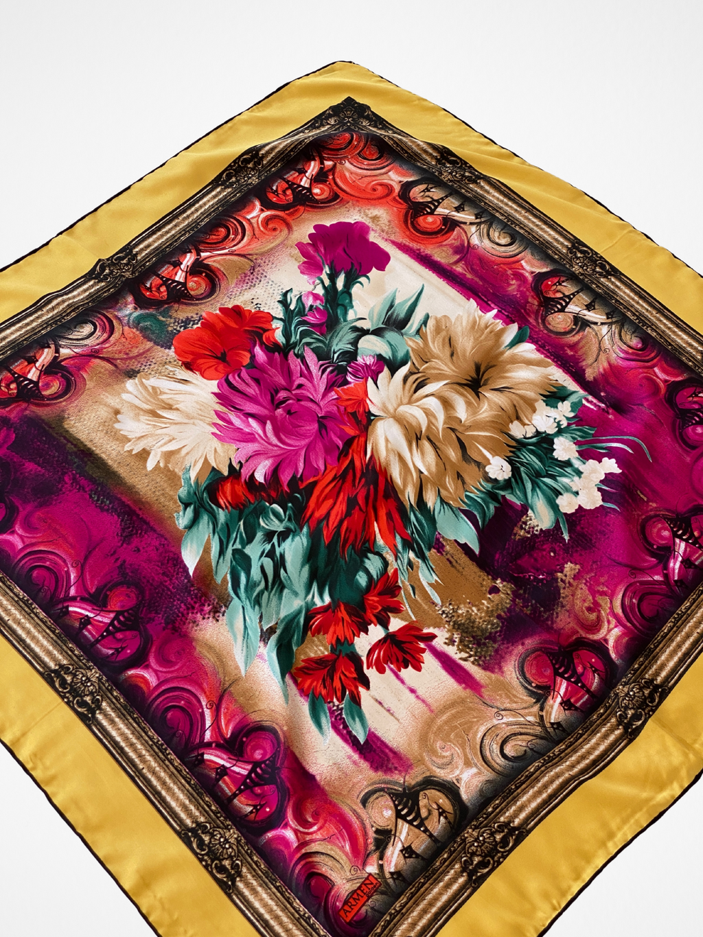 ARMEN Golden Floral Baroque Style Satin Silk Square Scarf